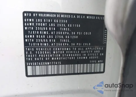 2022 Volkswagen Tiguan 2.0T Se z USA, uszkodzony, nr VIN 3VV3B7AXXNM177415